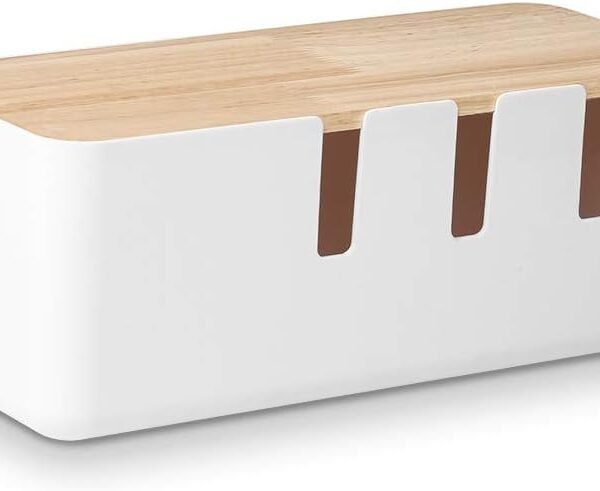 Cable Management Box by , 12x5x4.5 inches, Wood Lid, Wire Organizer for Desk TV Computer USB Hub System to Cover and Hide & Power Strips & Cords