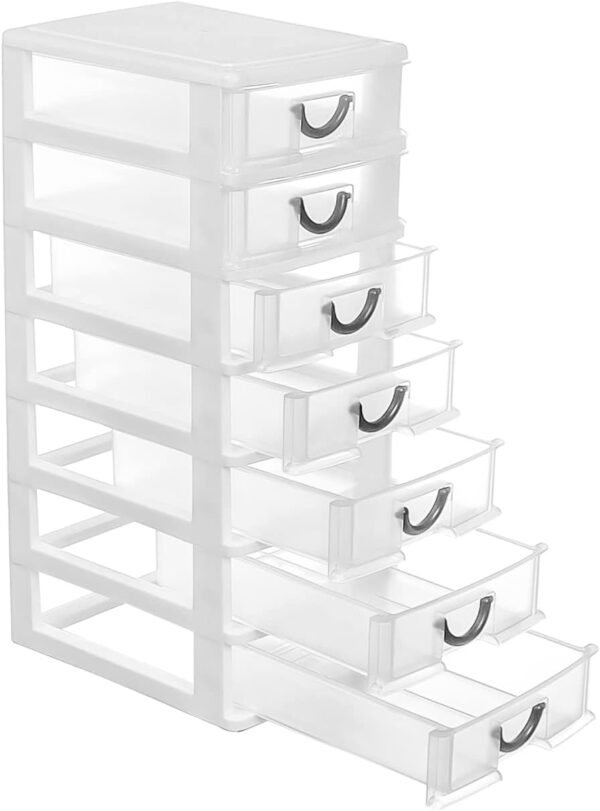 7.1"x5.1"x13.2" Mini Organizer Box Storage Container Case with 7 Clear Desktop Drawer Units,White