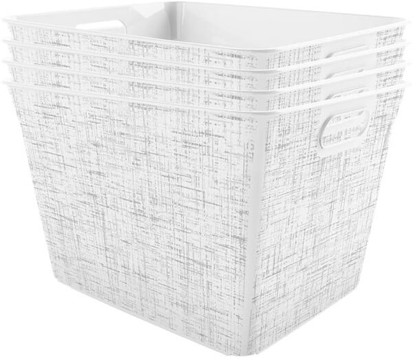 Set of 4 Large V Baskets Decorative Plastic Organization and Storage Basket, White with Tweed Pattern