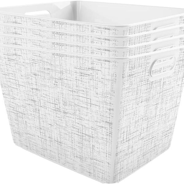 Set of 4 Large V Baskets Decorative Plastic Organization and Storage Basket, White with Tweed Pattern