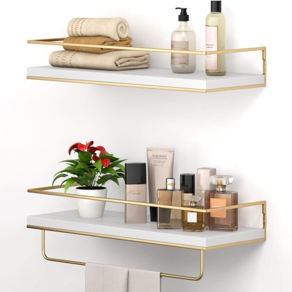 White Floating Shelves - Set of 2, Wall Mounted Hanging Shelves with Golden Towel Rack, Decorative Storage Shelves for Bathroom, Kitchen, Living Room & Bedroom (White Gold, 15.7 Inches)