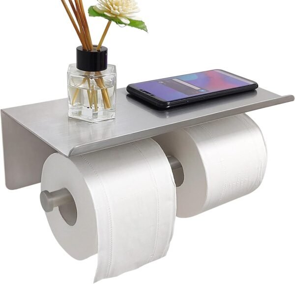 Large Double Toilet Paper Holder with Shelf,  Dual Toilet Paper Rolls Holder Wall Mounted, Bathroom Mobile Phone Storage Rack, Tissue TP Dispenser,  Stainless Steel Brushed Nickel
