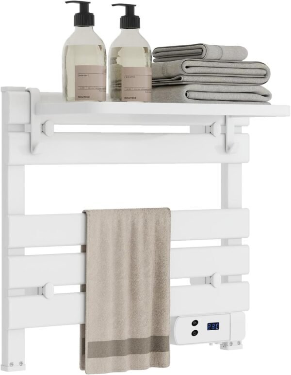 Heated Towel Warmer Rack with Storage Rack and Built-in Timer for Bathroom, Wall Mounted & Freestanding 5-Bar Aluminum Electric Towel Heater with IP34 Waterproof, 131℉ Constant Temperature