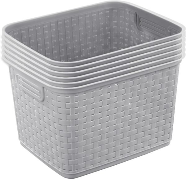 6-Pack Tall Weave Basket, Wicker-Style Plastic Open Storage Bin, Cement Gray - Multi-Purpose Decorative Organizer for Laundry Area, Shelves, Closets, Pantries, Living Rooms or Offices