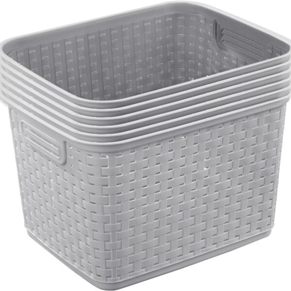 6-Pack Tall Weave Basket, Wicker-Style Plastic Open Storage Bin, Cement Gray - Multi-Purpose Decorative Organizer for Laundry Area, Shelves, Closets, Pantries, Living Rooms or Offices