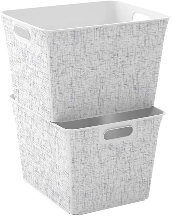 Set of 4 Large V Baskets Decorative Plastic Organization and Storage Basket, White with Tweed Pattern