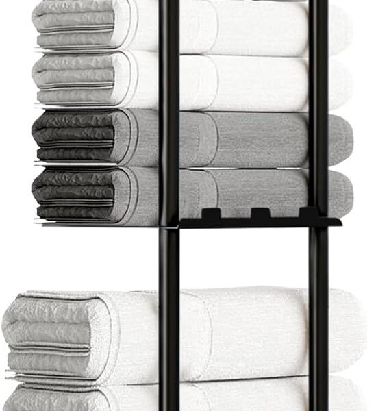 Towel Racks for Bathroom, 3 Tier Metal Towel Holder, with Shelf & 6 Hooks, 29 inch Wall Mounted Towel Storage, 6 Large Bath Towels Capacity,Small Bathroom Towel Rack for Rolled Towels, Black