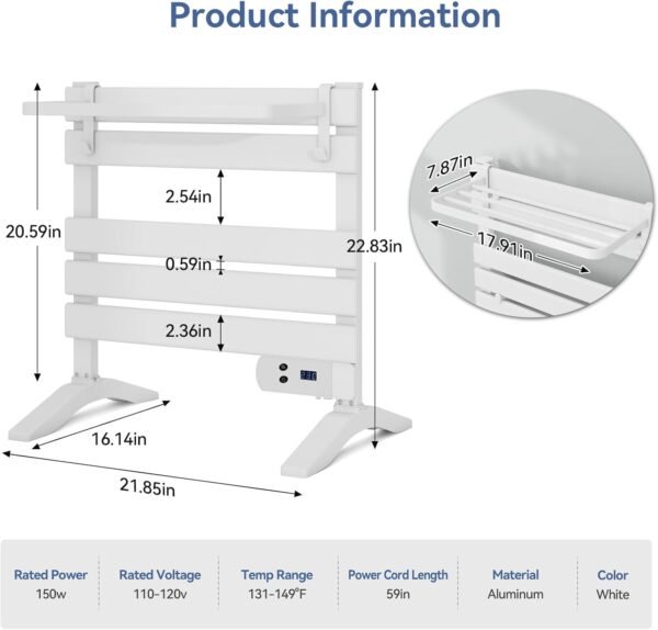 Heated Towel Warmer Rack with Storage Rack and Built-in Timer for Bathroom, Wall Mounted & Freestanding 5-Bar Aluminum Electric Towel Heater with IP34 Waterproof, 131℉ Constant Temperature