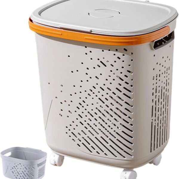 Laundry Basket with Wheels Round Plastic Laundry Basket Made of PP Material Narrow Slit Storage with Handle Laundry Cart - White/Gray/Blue/Yellow(White,44 * 35 * 50CM)
