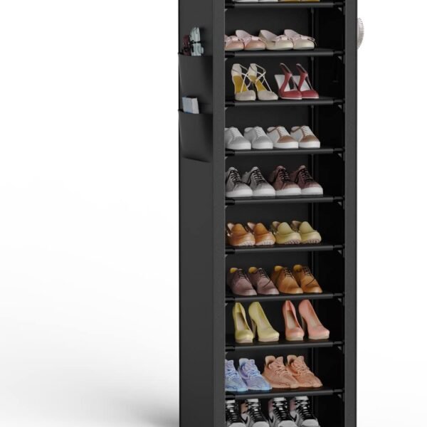 Vertical Narrow Shoe Rack Organizer Tall Shoe Rack for Closet Entryway 10 Tier Non-Woven Cover Shoe Shelf Holds 20-22 Pairs Free Standing Shoe Storage Cabinet with Dustproof Cover Black