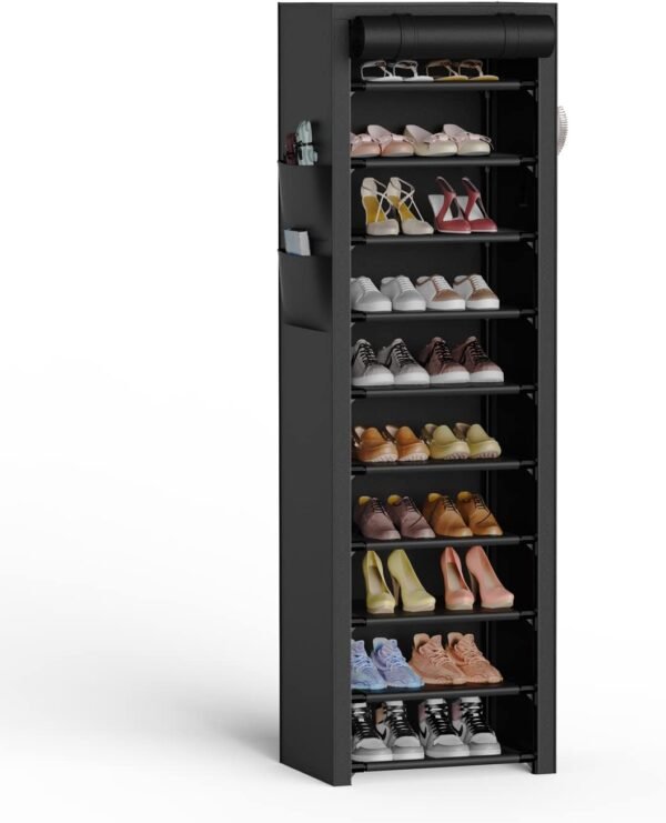 Vertical Narrow Shoe Rack Organizer Tall Shoe Rack for Closet Entryway 10 Tier Non-Woven Cover Shoe Shelf Holds 20-22 Pairs Free Standing Shoe Storage Cabinet with Dustproof Cover Black