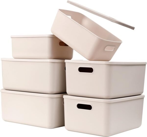 Plastic Storage Baskets With Lid Organizing Container Lidded Knit Storage Organizer Bins for Shelves Drawers Desktop Closet Playroom Classroom Office (4M+2S, Light grey)
