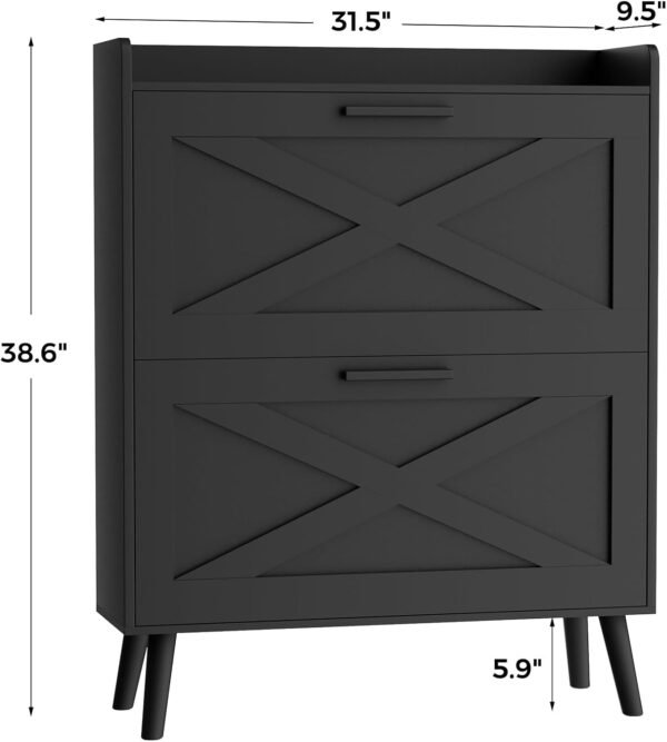 Farmhouse Shoe Storage Cabinet with 2 Flip Drawers and Barn Door Design, Adjustable Shelves, Modern Hidden Slim Narrow Shoe Rack Cabinet for Entryway, Foyer, Hallway, Living Room, Black