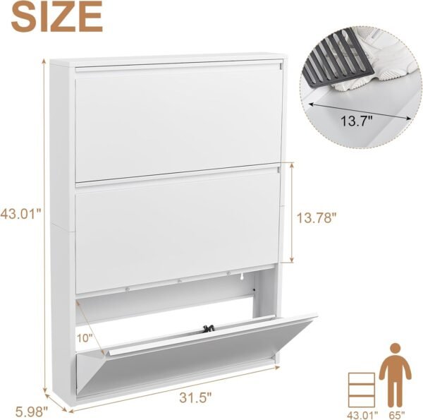 3 Flip Drawers Shoe Storage Cabinet,Narrow Shoe Wall Cabinet for Entryway,3 Tier Freestanding Shoe Organizer for Hallway, Bedroom, Apartment, White 43" H*31.5" W*6" D