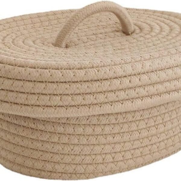 Desktop Storage Box with Lid, Handmade Cotton Rope Storage Basket for Makeup Sundries Snack Needles(Khaki)