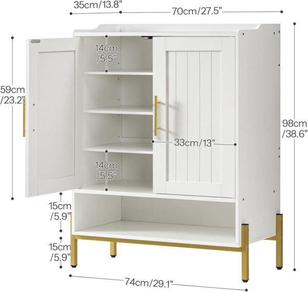 Shoe Cabinet, 5-Tier Shoe Storage Organizer with Doors, Wooden Shoe Cabinet Storage for Entryway, Freestanding Shoe Rack Cabinet with 3 Adjustable Shelves for Hallway, Gold and White