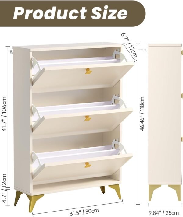 Shoe Storage Cabinet with 3 Flip Drawers, Shoe Rack Cabinet with 3-Tier Removable Shelves and Golde Handles, Freestanding Shoe Organizer with Metal Legs for Entryway, Cream