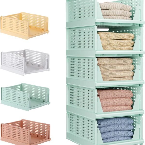 5 Pack Folding Closet Organizers Storage Box, Stackable Storage Bins, Plastic Drawer Basket Closet Storage for Wardrobe Cupboard Kitchen Bathroom Office 5L (Green)