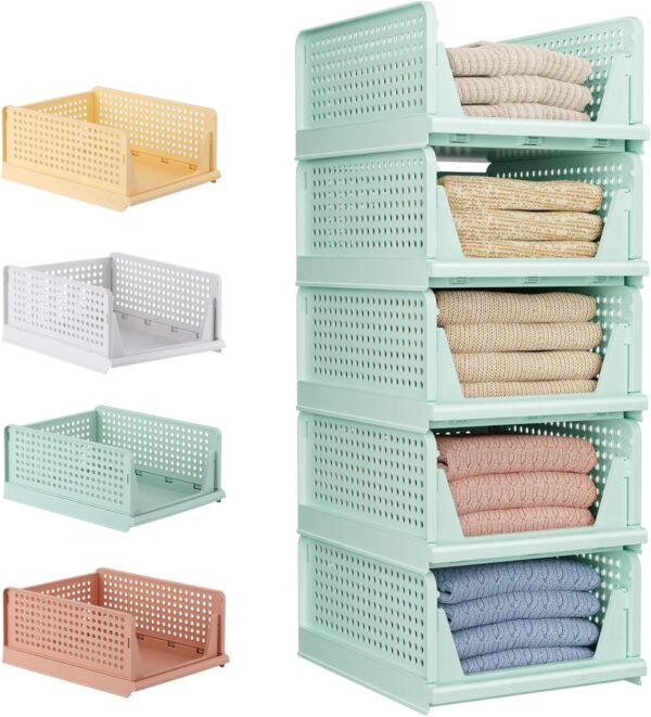 5 Pack Folding Closet Organizers Storage Box, Stackable Storage Bins, Plastic Drawer Basket Closet Storage for Wardrobe Cupboard Kitchen Bathroom Office 5L (Green)