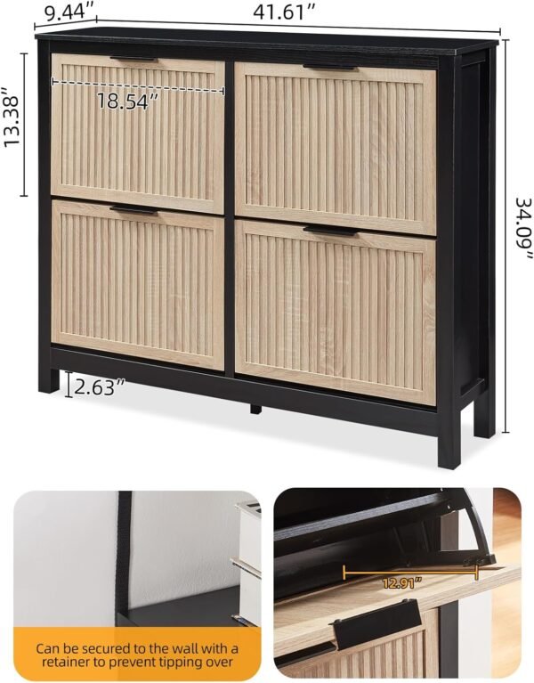 4 Flip Drawers Shoe Cabinet Storage for Entryway, Narrow Shoe Organizer Cabinet for Front Door Entrance, Free Standing Hidden Wooden Hallway Shoe Rack(Oak)