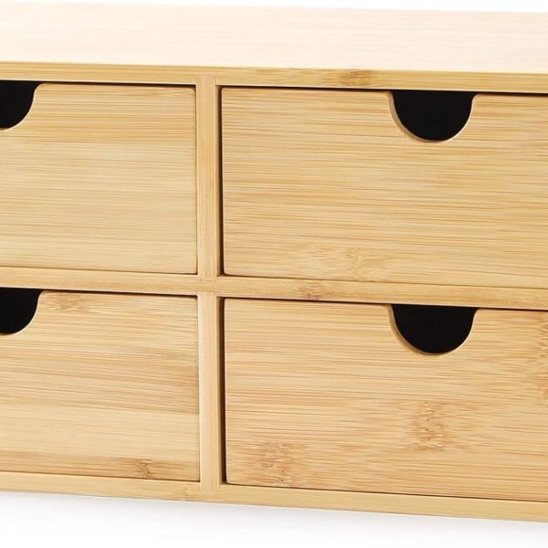 Bamboo Desk Organizer - Mini Desktop Drawer Tabletop Storage Organization Box for Office Home Toiletries Supplies, No Assembly Required (4 Drawer)
