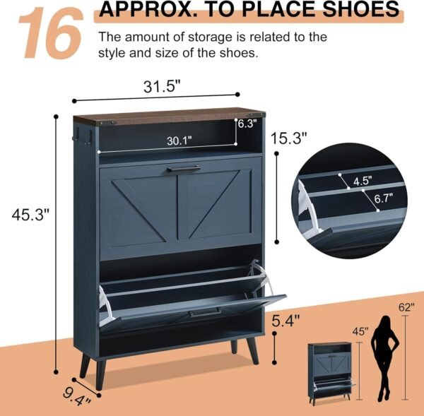 Shoe Storage Cabinet,Farmhouse Shoe Organizer with 2 Flip Drawers & Barn Door Design,Freestanding Hidden Slim Narrow Shoe Rack Cabinet with Open Storage for Entryway, Foyer,Hallway,Blue