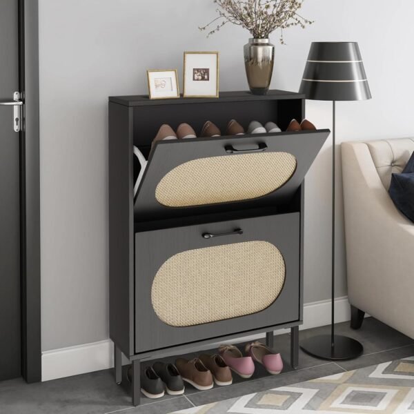 Shoe Storage Cabinet with 2 Flip Drawers, Freestanding Narrow Shoe Rack Organizer for Entryway with Natural Semi-Circular Rattan Doors, Shoe Shelves,Black