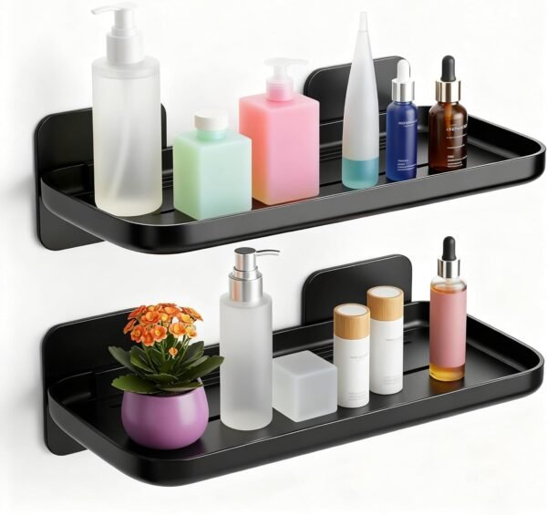 2pc Wall Mounted Floating Shelf, Small Storage Rack with Edge Design, No Drill Shelves for Wall, Floating Shelves Damage-Free Expand Walls Space for Living Room Kitchen Bathroom (Black)