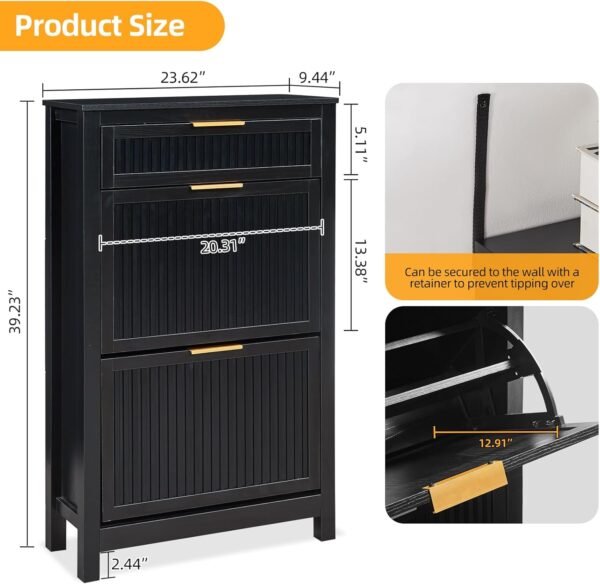 2 Flip Drawers Shoe Cabinet Storage for Entryway, Narrow Shoes Organizer Cabinet for Front Door Entrance, Free Standing Hidden Wooden Hallway Shoe Rack(Black)