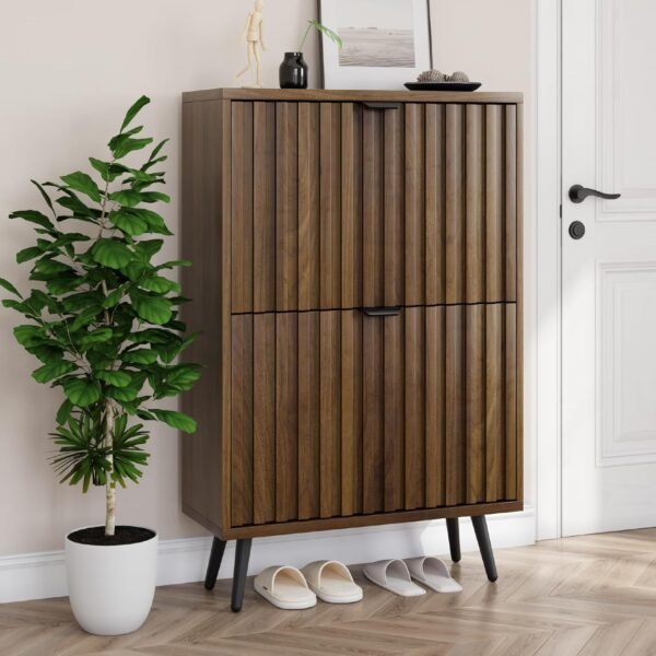 Shoe Cabinet with 2 Flip Drawers, 23.6" Walnut Hidden Shoe Storage Cabinet with Fluted Design, Freestanding Shoe Organizer Cabinet for Entryway, Hallway, Closet, Living Room