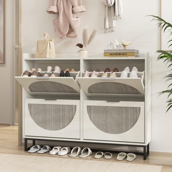 Large Rattan Shoe Storage Cabinet with 4 Flip Drawers, Freestanding Shoe Organizer with Metal Legs for Entryway, Hidden Silver Handles, Narrow Shoe Rack Cabinet, White