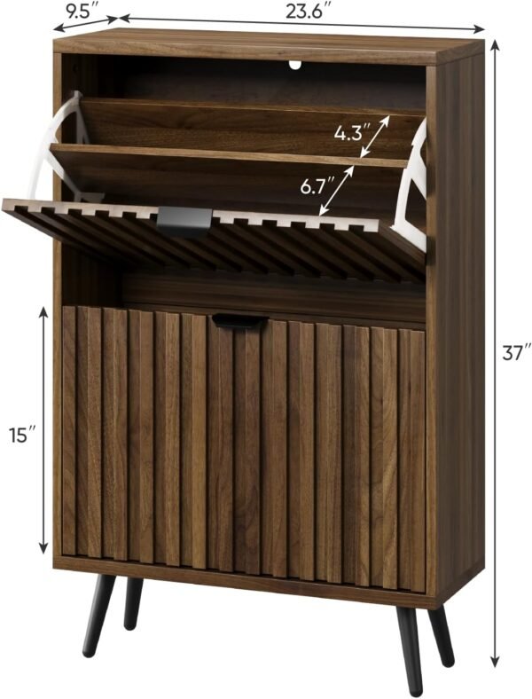 Shoe Cabinet with 2 Flip Drawers, 23.6" Walnut Hidden Shoe Storage Cabinet with Fluted Design, Freestanding Shoe Organizer Cabinet for Entryway, Hallway, Closet, Living Room
