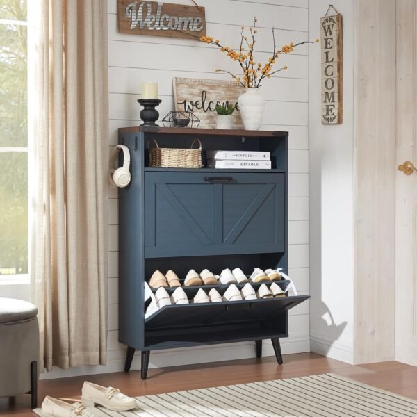 Shoe Storage Cabinet,Farmhouse Shoe Organizer with 2 Flip Drawers & Barn Door Design,Freestanding Hidden Slim Narrow Shoe Rack Cabinet with Open Storage for Entryway, Foyer,Hallway,Blue