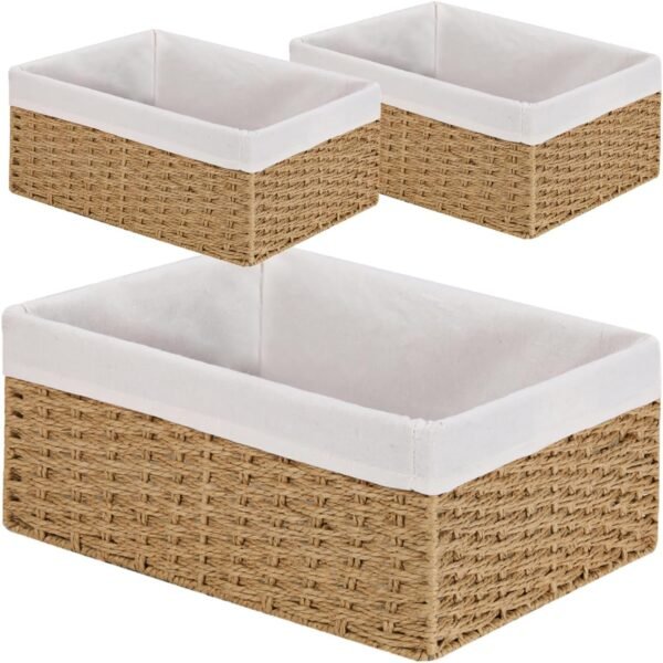 Wicker Storage Basket, 3-Pack Woven Paper Rope Wicker Baskets with Handles, Large Wicker Basket Cube Storage Bins with Liners, Storage Baskets for Organizing Shelves & Decor, Natural