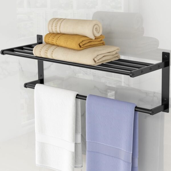 24 Inch Towel Racks for Bathroom, 2 Tire Bathroom Shelf with Towel Bar, Rustproof Wall Mounted Towel Rack  Stainless Steel, Bathroom Accessories Lavatory Towel Storage - Black