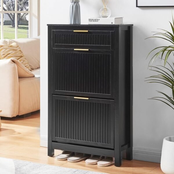 2 Flip Drawers Shoe Cabinet Storage for Entryway, Narrow Shoes Organizer Cabinet for Front Door Entrance, Free Standing Hidden Wooden Hallway Shoe Rack(Black)