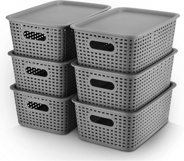 Plastic Storage Baskets Bins With Lid Organizing Container Lidded Knit Storage Organizer Bins for Shelves Drawers Desktop Closet Playroom Classroom Office, 6 Pack