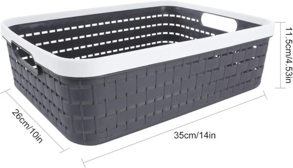 3 Pack Plastic Storage Baskets 14 x 10 x 4.5 Inch, Large Weave Storage Bins with Handle for Cabinet, Shelf, Kitchen, Bedroom, Bathroom and office – Dark Grey
