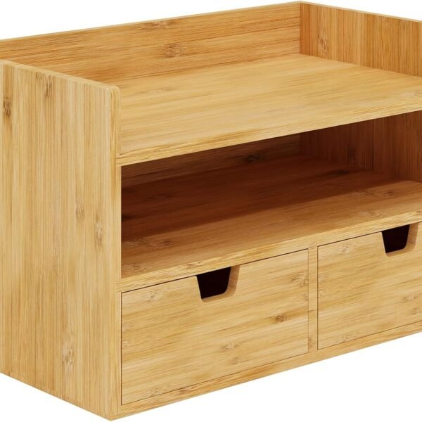 Bamboo desk organizer - Mini desktop drawer desktop storage and organizing box, suitable for office, home, bathroom supplies, no assembly required (3 drawers with overhead box)