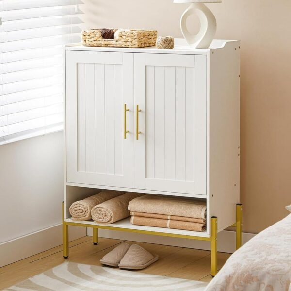 Shoe Cabinet, 5-Tier Shoe Storage Organizer with Doors, Wooden Shoe Cabinet Storage for Entryway, Freestanding Shoe Rack Cabinet with 3 Adjustable Shelves for Hallway, Gold and White