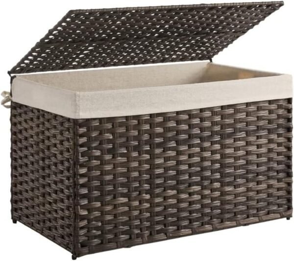 Storage Basket with Lid, 42.3 Gallon (160L) Storage Bin, Woven Blanket Storage Basket with Handles, Foldable, Removable Liner, Metal Frame, for Bedroom, Laundry Room, Brown