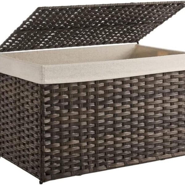 Storage Basket with Lid, 42.3 Gallon (160L) Storage Bin, Woven Blanket Storage Basket with Handles, Foldable, Removable Liner, Metal Frame, for Bedroom, Laundry Room, Brown