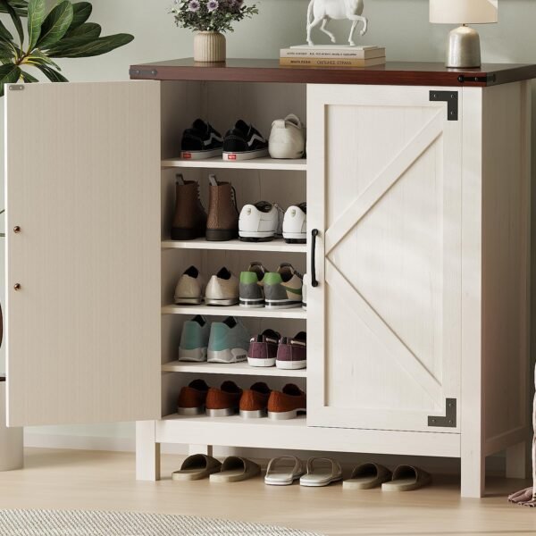 Shoe Cabinet with Doors, 5-Tier Wooden Shoe Storage Cabinet with Adjustable Shelves Farmhouse Shoe Organizer Cabinet for Entryway, Hallway, Bedroom White