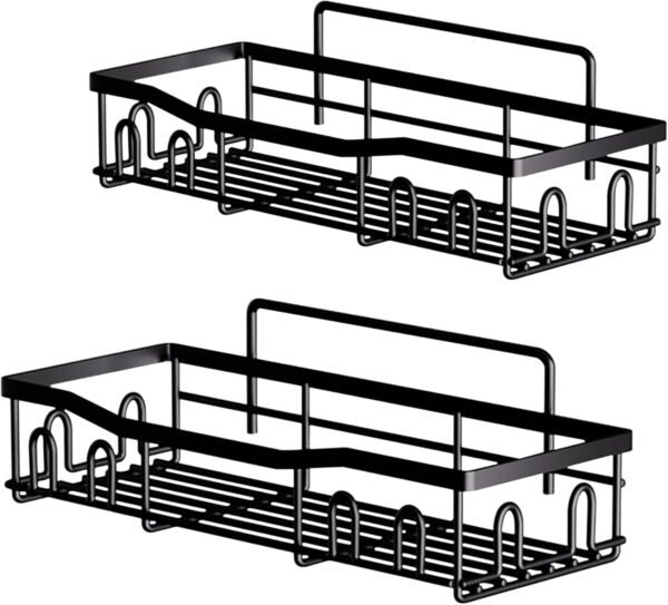 Black Shower Caddy – Rustproof Stainless Steel Bathroom Organizer Shelf with Hooks & Adhesive Mount – No-Drill, Waterproof, Wall-Mounted Storage Rack for Shampoo, Conditioner, Soap & More