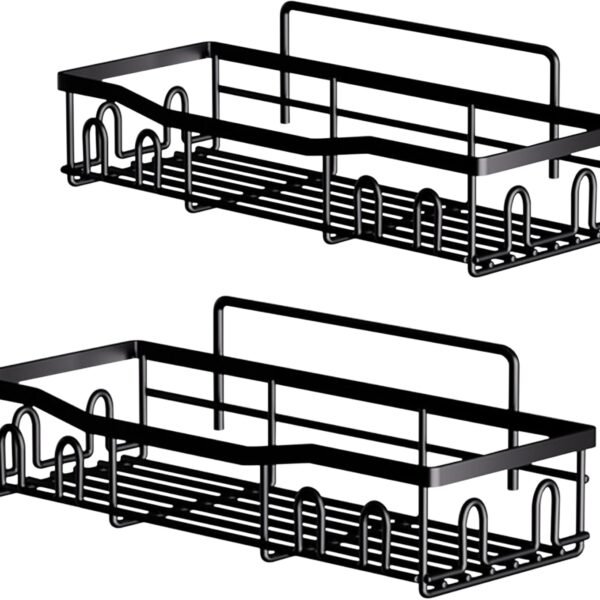 Black Shower Caddy – Rustproof Stainless Steel Bathroom Organizer Shelf with Hooks & Adhesive Mount – No-Drill, Waterproof, Wall-Mounted Storage Rack for Shampoo, Conditioner, Soap & More
