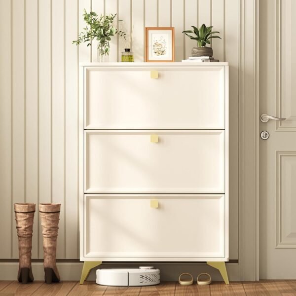 Shoe Storage Cabinet with 3 Flip Drawers, Shoe Rack Cabinet with 3-Tier Removable Shelves and Golde Handles, Freestanding Shoe Organizer with Metal Legs for Entryway, Cream