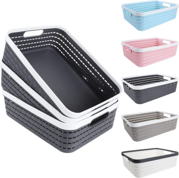 3 Pack Plastic Storage Baskets 14 x 10 x 4.5 Inch, Large Weave Storage Bins with Handle for Cabinet, Shelf, Kitchen, Bedroom, Bathroom and office – Dark Grey