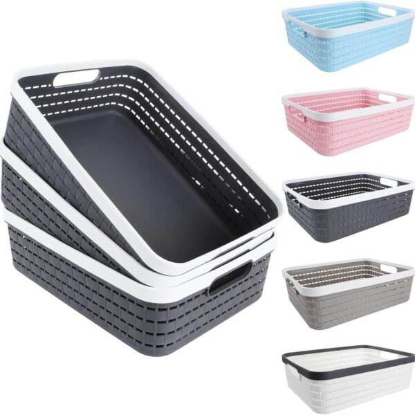 3 Pack Plastic Storage Baskets 14 x 10 x 4.5 Inch, Large Weave Storage Bins with Handle for Cabinet, Shelf, Kitchen, Bedroom, Bathroom and office – Dark Grey