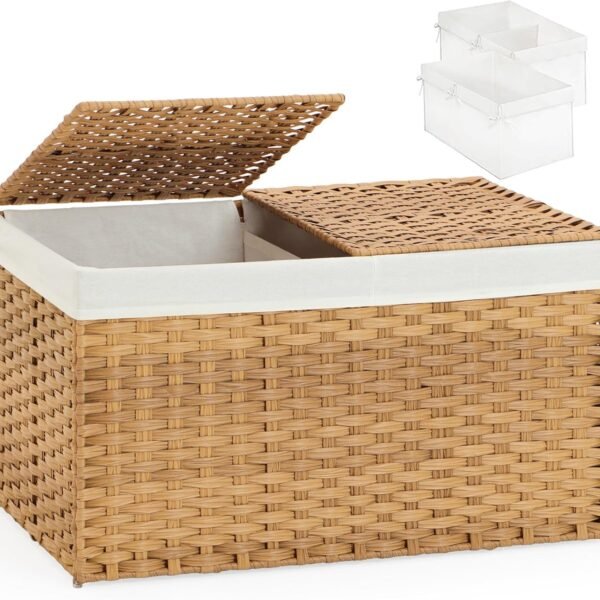 Storage Basket with Lid Rattan Woven Storage Baskets with 2 Separate Lids, 17.2 Gallon (65 L), 22 x 13 x 13.8 Inches,Foldable, 2 Removable Liner Bags Handles for Bedroom, Laundry Room Natural