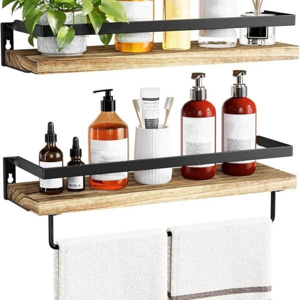 Bathroom Shelves with Towel Bar, Floating Shelves, Wall Shelves for Bathroom/Living Room/Kitchen/Bedroom, Light Brown, Set of 2 -